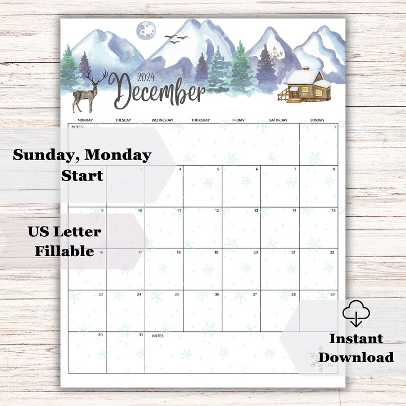 EDITABLE December 2024 Calendar, Beautiful Winter, Snowy Mountains