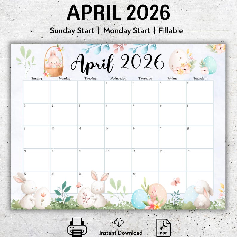 EDITABLE April 2026 Calendar, Happy Easter Day, Cute Bunnies, Printable ...