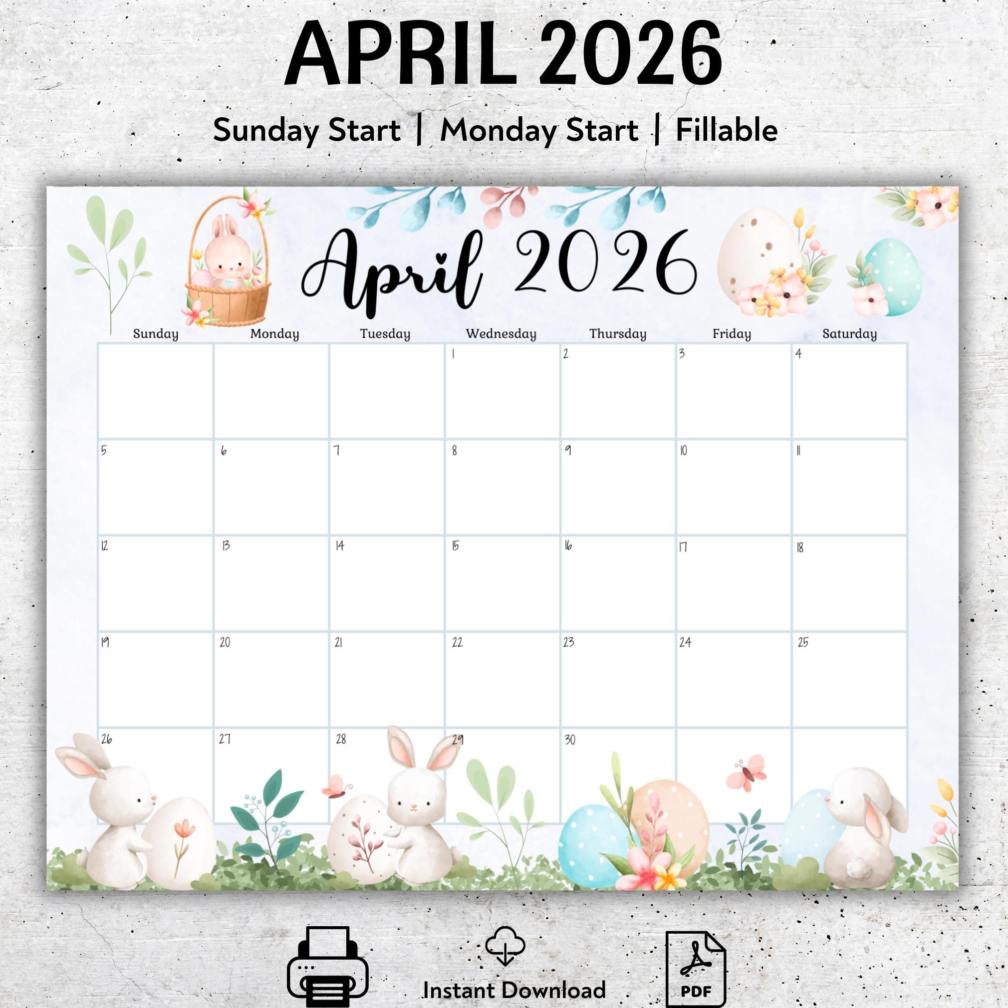 EDITABLE April 2026 Calendar, Happy Easter Day, Cute Bunnies, Printable ...