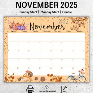 Calendario novembre 2025 MODIFICABILE, Bellissimo fogliame autunnale, Planner stampabile, Calendario compilabile, Programma mensile per bambini, Calendario per donne