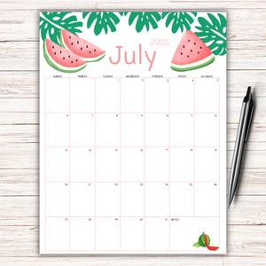 Druckbarer Juli 2025 Kalender, editierbarer Planer Juli 2025, Wassermelonen-Kalender, ausfüllbarer Kalender, US Letter PDF, Sonntag Start, Montag Start