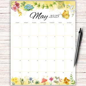 2025 May Calendar, Editable May Planner, Printable Monthly Schedule, Fillable Calendar, Colorful Flowers with Butterfly and Mushrooms