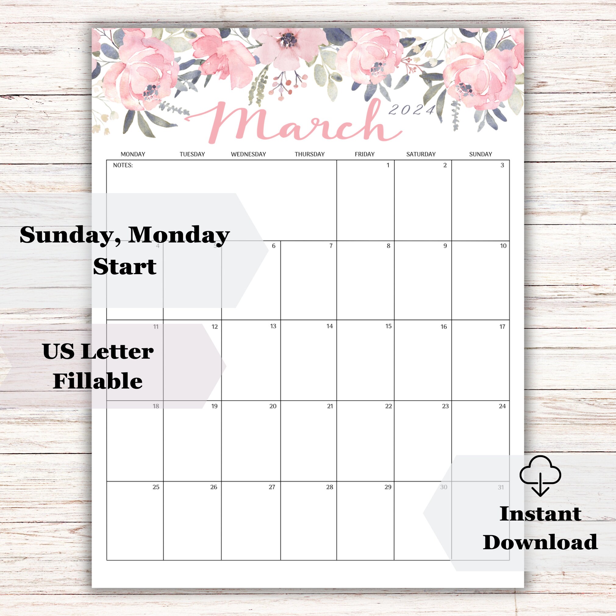 Fillable/editable March Calendar, March 2024 Printable Calendar