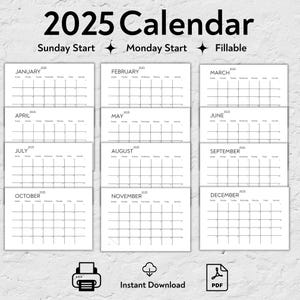 Simple 2025 Calendar, Printable 2025 Monthly Planner, Portrait, Sunday & Monday Start, 2025 Elegant Monthly Calendar, Wall Calendar 2025