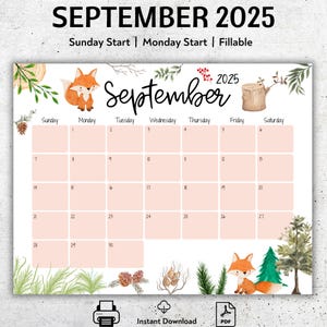 Calendario settembre 2025 MODIFICABILE, Ritorno a scuola, Volpe carina, Bellissimo autunno, Calendario per la scuola domestica, Planner compilabile stampabile, Programma settimanale