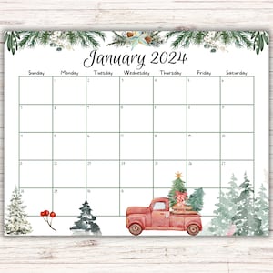 EDITABLE January 2024 Calendar, Snowy Pine Trees, Old Red Truck, Beautiful Winter, Printable Fillable Calendar Planner, Homeschool Planner image 1