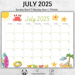 Druckbarer Kalender Juli 2025 | Sommer-Strand-Thema | Ausfüllbares PDF | Sonntag & Montag Start Optionen | Monatlicher Stundenplan Organizer