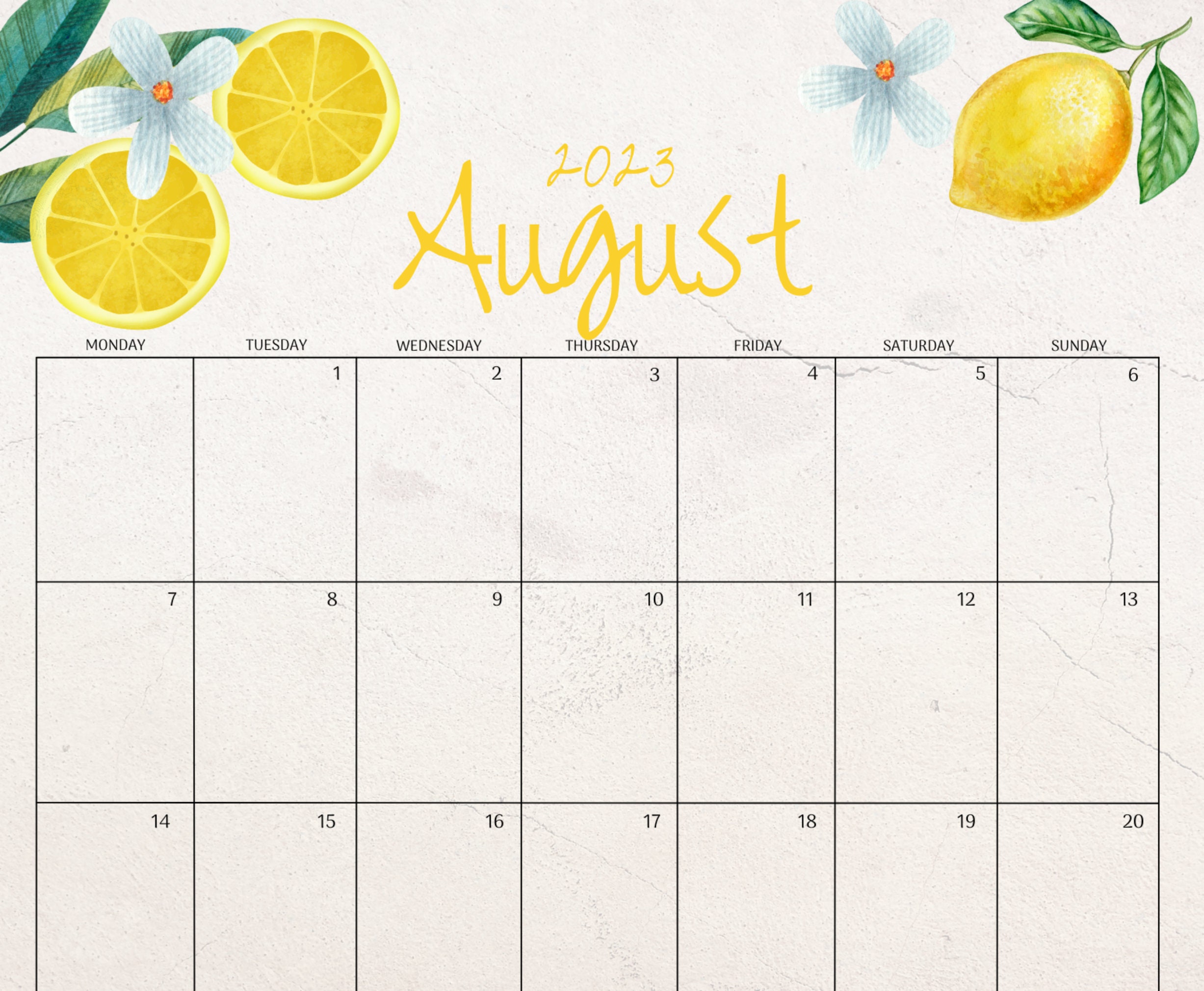 EDITABLE August 2023 Calendar Beautiful Yellow Lemons Lemon Etsy