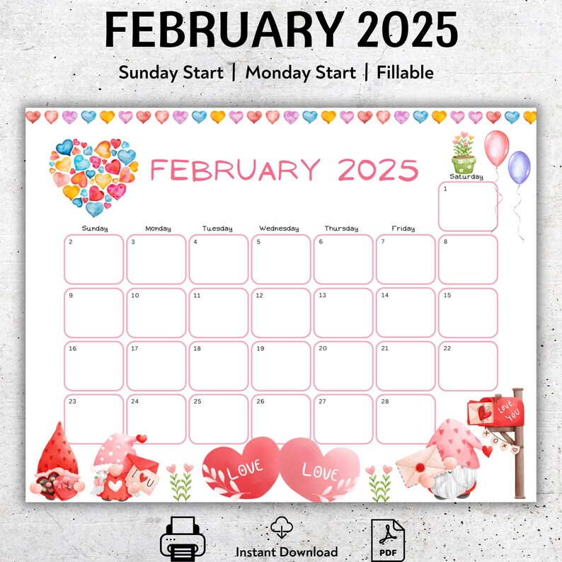 EDITABLE February 2025 Calendar, Valentine's Day, Homeschool, Loving Gnomes, Printable Calendar