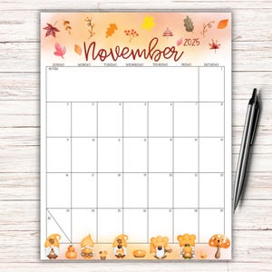 Calendario novembre 2025 MODIFICABILE, programma mensile per bambini, pianificatore per la scuola domestica, bellissimo autunno, gnomi carini, pianificatore stampabile, compilabile