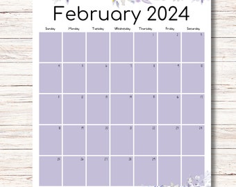 EDITABLE February 2024 Calendar, Beautiful Purple Flowers, Winter Calendar, Printable Calendar, Fillable Planner, Monthly Schedule, PDF