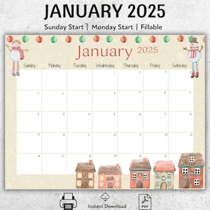Bearbeitbarer Januar 2025-Kalender, druckbarer Januar-Monatsplaner, Lehrerkalender, glückliche Schneemänner, alte Häuser, ausfüllbarer Kalender, Planer