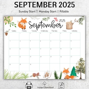 Calendario settembre 2025 MODIFICABILE, Ritorno a scuola, Volpe carina, Bellissimo autunno, Calendario per la scuola domestica, Planner compilabile stampabile, Programma settimanale