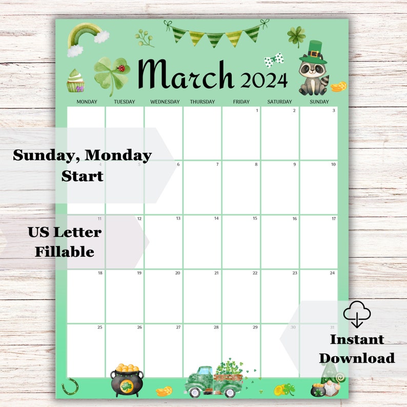 EDITABLE March 2024 Calendar, Happy St. Patrick's Day, Horseshoe, Green