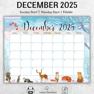 EDITABLE December 2025 Calendar, Cute Animals, Beautiful Winter, Printable Calendar, Fillable Monthly Planner, Kids Weekly Schedule, PDF