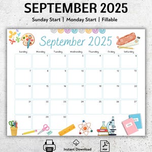 September 2025 Printable Calendar, Cute School-Themed Fillable Planner, Sunday or Monday Start, Editable Monthly Template, Instant Download