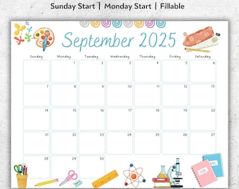 September 2025 Printable Calendar, Cute School-Themed Fillable Planner, Sunday or Monday Start, Editable Monthly Template, Instant Download