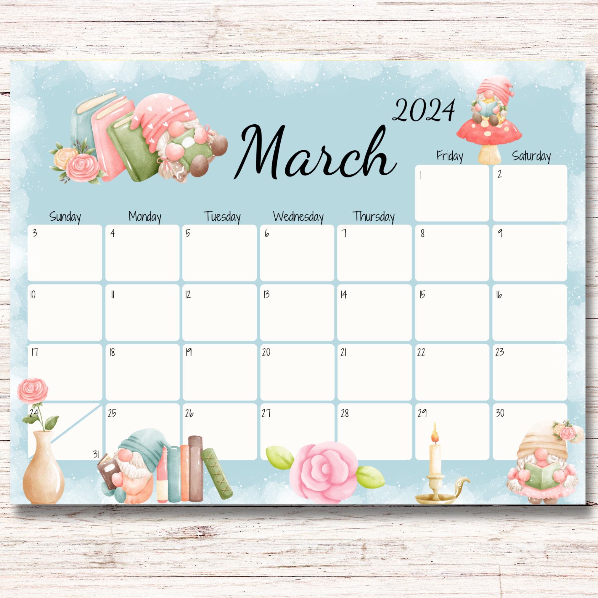 EDITABLE March 2024 Calendar, Fillable Calendar, Cute Gnomes, Happy St