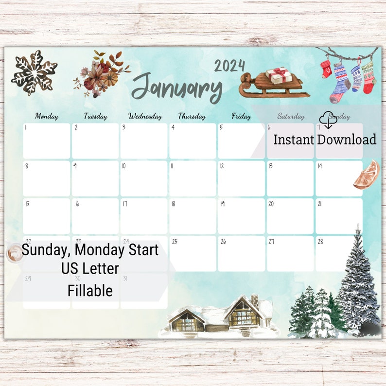 EDITABLE January 2024 Calendar, Printable January Planner, Fillable