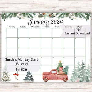 EDITABLE January 2024 Calendar, Snowy Pine Trees, Old Red Truck, Beautiful Winter, Printable Fillable Calendar Planner, Homeschool Planner image 3