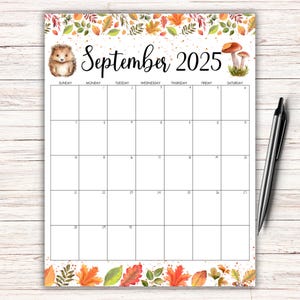 Calendario settembre 2025 MODIFICABILE, colori autunnali, stampabile, pianificatore di settembre compilabile, calendario per la scuola domestica, bellissimo autunno, simpatico riccio