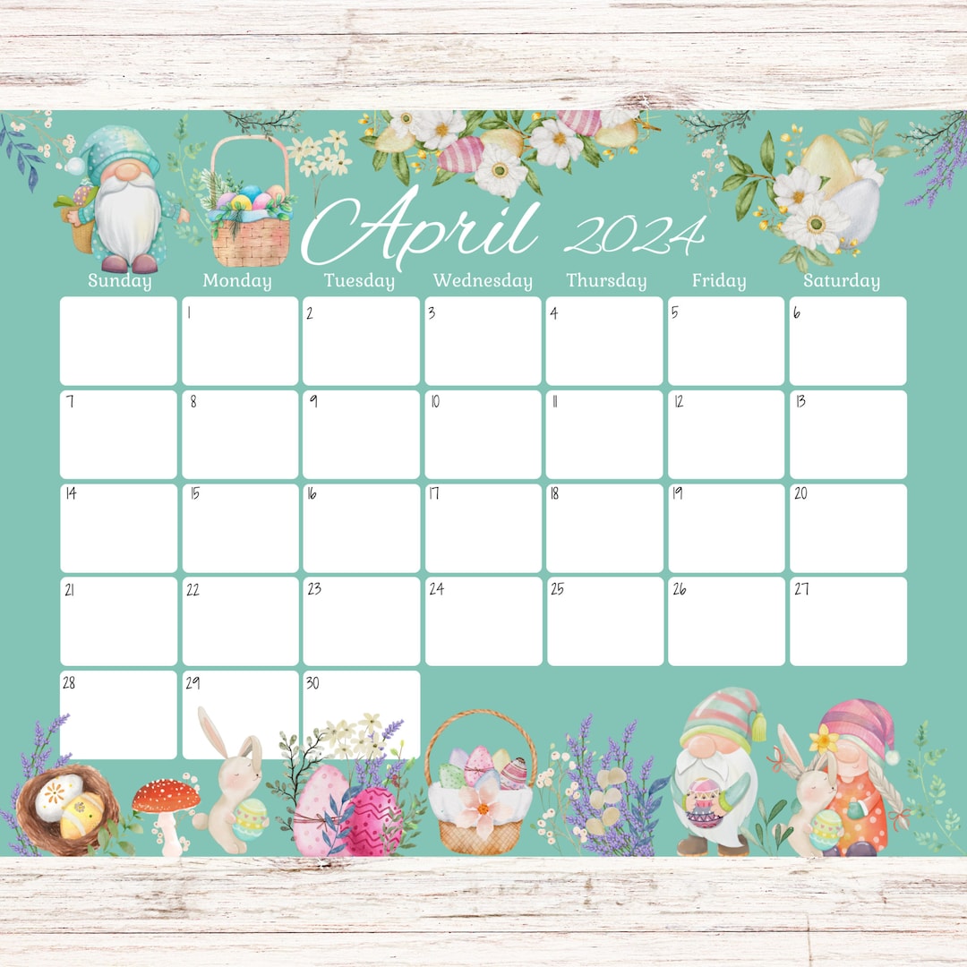 EDITABLE April 2024 Calendar, Happy Easter Day, Cute Gnomes, Printable