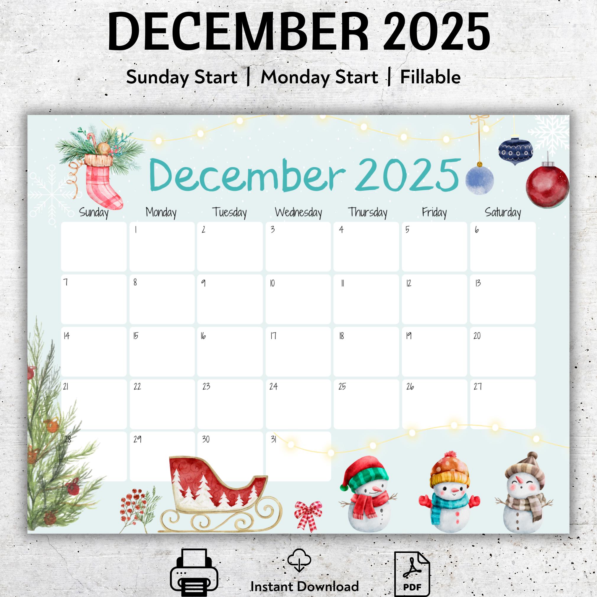 EDITABLE December 2025 Calendar, Christmas Planner, Cute Snowmen, Printable Fillable Planner, Kids Weekly Schedule, Classroom Calendar