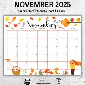 EDITABLE November 2025 Calendar, Fall Foliage, Calendar for Women, Printable Planner, Fillable, Monthly Schedule, Homeschool Calendar, PDF