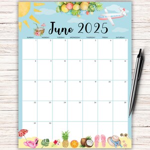 Tropical June 2025 Printable Calendar, US Letter Size, Fillable PDF, Sunday & Monday Start Options, Vacation-Themed Design, Instant Download