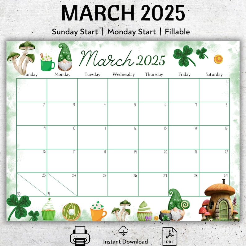 EDITABLE March 2025 Calendar, Printable Fillable Calendar Planner