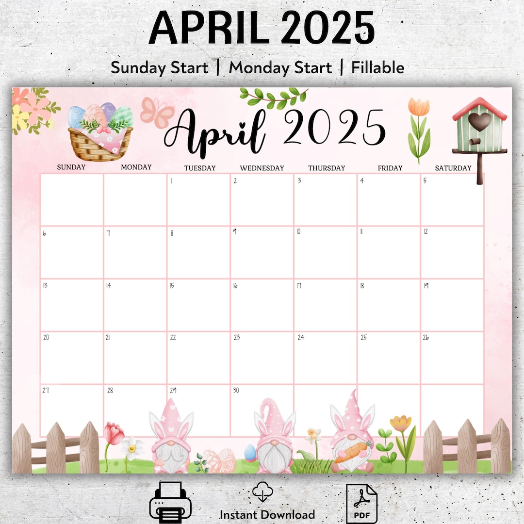 EDITABLE April 2025 Calendar, Printable April Calendar, Fillable