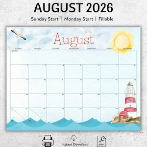 BEWERKBARE kalender augustus 2026, afdrukbare augustusplanner, vuurtoren en meeuw, Homeschool-kalender, maandkalender, Instant Download