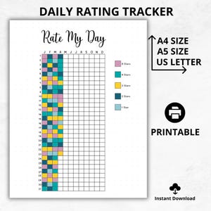 Beoordeel My Day, afdrukbare stemmingstracker, dagelijkse beoordelingstracker, jaarlijkse stemmingsgrafieksjabloon, Bullet Journal invoegen, dagboekpagina, Instant Download