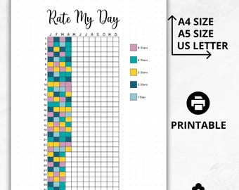 Beoordeel My Day, afdrukbare stemmingstracker, dagelijkse beoordelingstracker, jaarlijkse stemmingsgrafieksjabloon, Bullet Journal invoegen, dagboekpagina, Instant Download