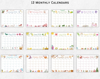 2026 Kalender druckbar, druckbarer Wandkalender, Kinderkalender 2026, bearbeitbarer Kalender, Kinder Monatsplaner, digitaler Planer, Homeschool
