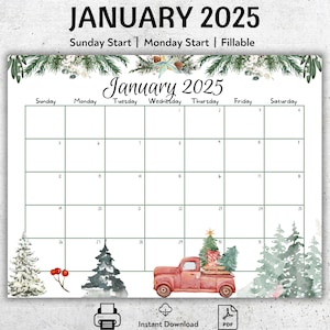 EDITIERBARER Kalender Januar 2025, verschneite Kiefern, alter roter LKW, schöner Winter, druckbarer befüllbarer Kalenderplaner, Hausschulplaner