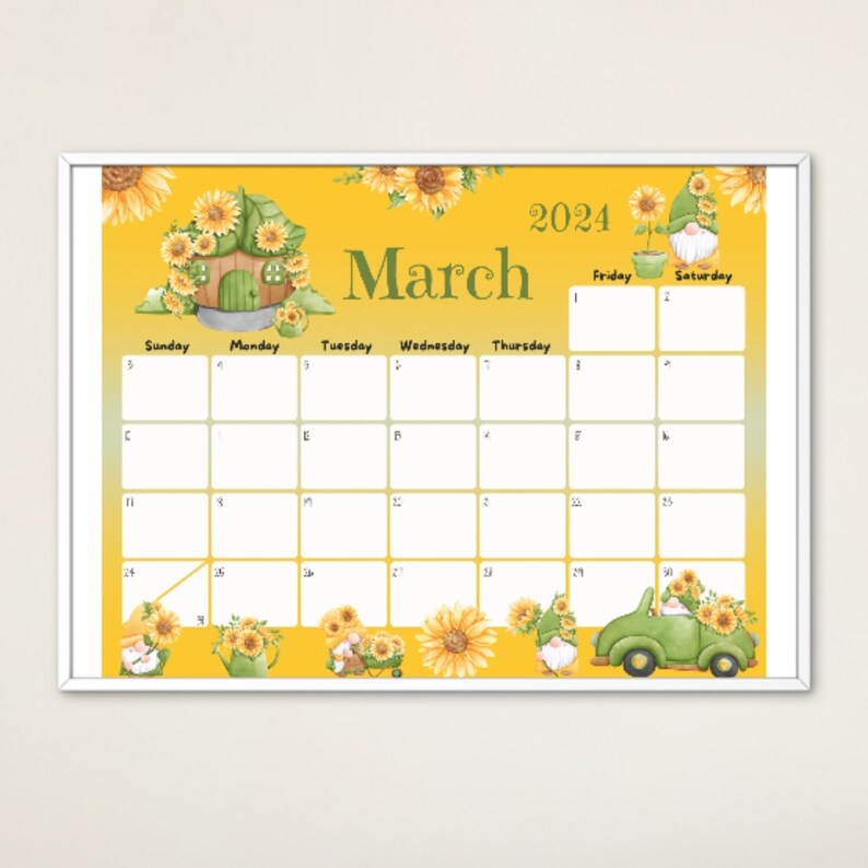 EDITABLE March 2024 Calendar, Fillable Calendar, Cute Gnomes, Happy St