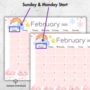 EDITABLE February 2025 Calendar, Beautiful Rainbow, Cute Clouds ...
