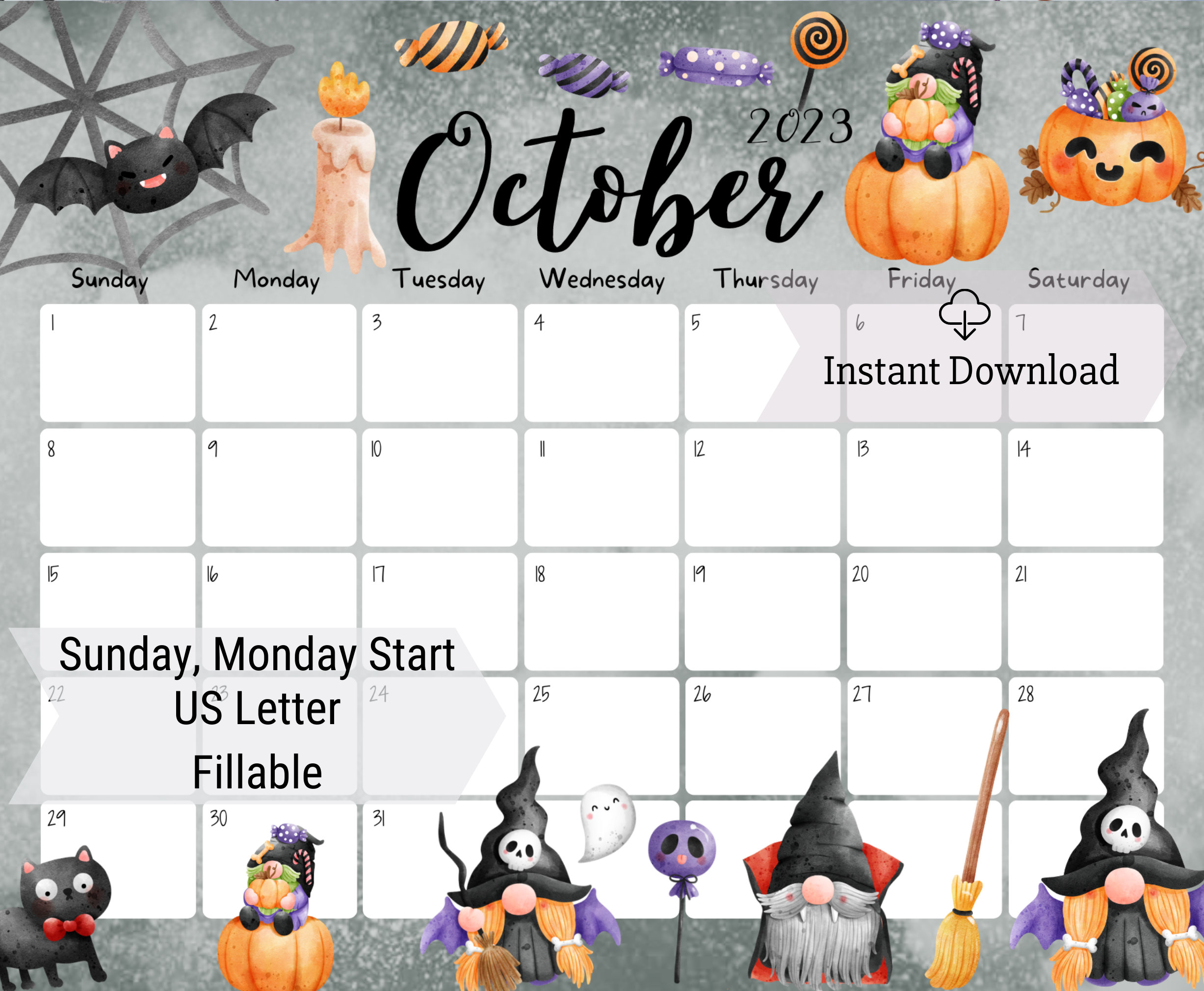 EDITABLE October 2023 Calendar, Happy Halloween, Cute Gnoms, Kid