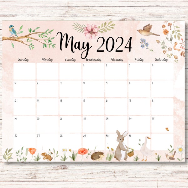 EDITABLE May 2024 Calendar, Printable May 2024 Calendar, Fillable Planner, Kids Weekly Schedule, Cute Birds, Pastel Colors, Beautiful Spring