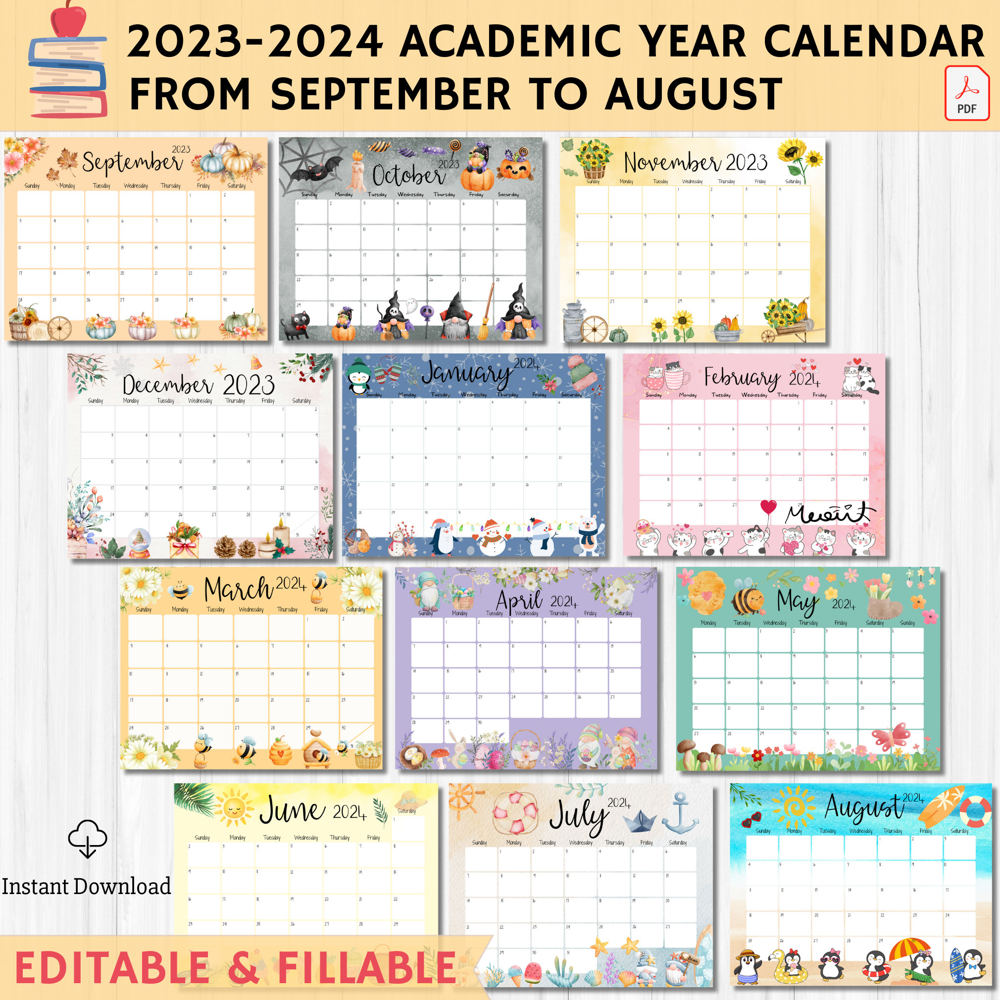 EDITABLE Academic Calendar 20232024 From September to August