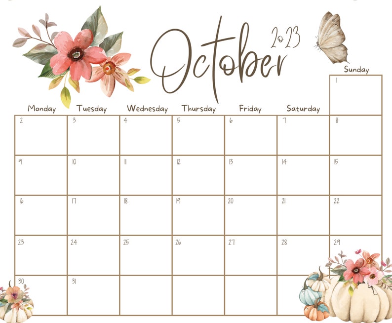 EDITABLE October 2023 Calendar Beautiful Pumpkins Colorful - Etsy Canada