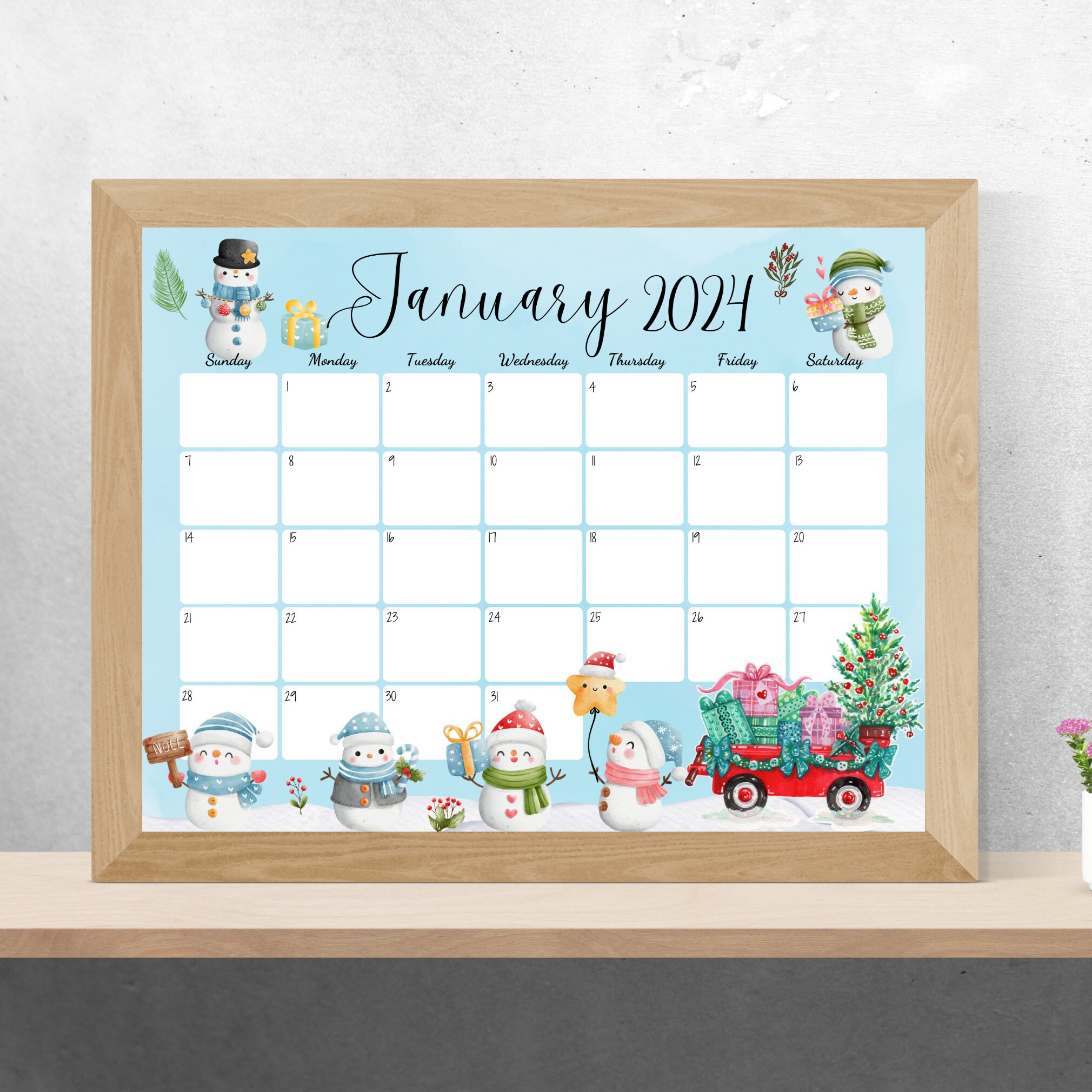 EDITABLE January 2024 Calendar, Beautiful Winter, Happy Snowmen, New
