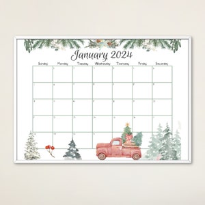 EDITABLE January 2024 Calendar, Snowy Pine Trees, Old Red Truck, Beautiful Winter, Printable Fillable Calendar Planner, Homeschool Planner image 6