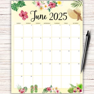Calendario de junio de 2025 imprimible con temática tropical, opciones de inicio en domingo y lunes, formato de carta de EE. UU. para rellenar en formato PDF, descarga instantánea, planificador editable