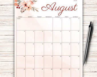 EDITABLE August 2024 Calendar, Beautiful Flowers, Minimalist Design, Printable Homeschool Planner, Simple Organizer, Instant Download