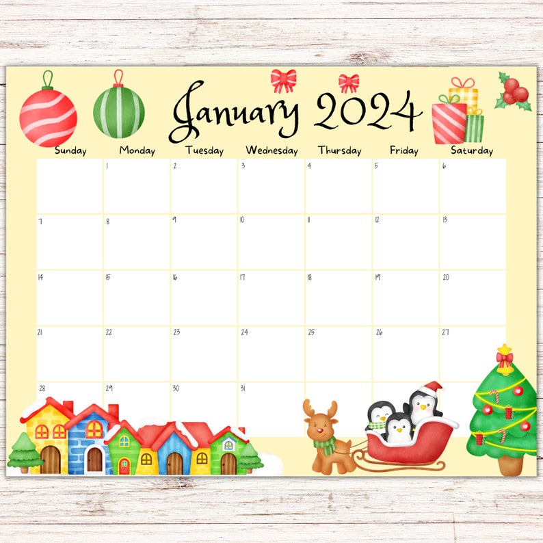 EDITABLE January 2024 Calendar, Fillable Calendar, Cute Penguins, Happy