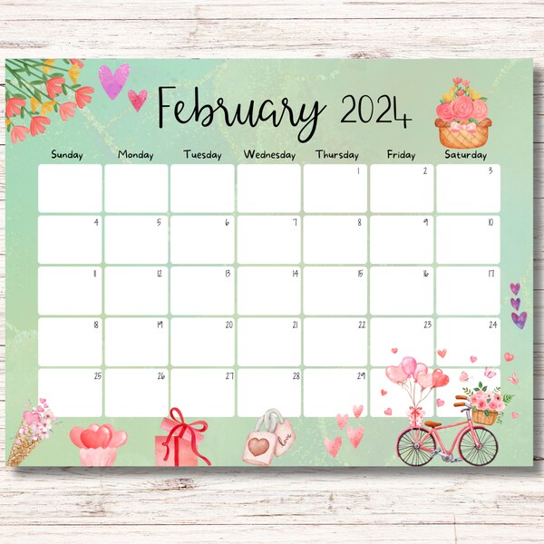 EDITIERBARER Kalender Februar 2024, Valentinstag, Winterkalender, schöne Geschenke, druckbarer Kalender, ausfüllbarer Planer, monatlicher Stundenplan