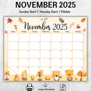Calendario novembre 2025 MODIFICABILE, Bellissimo autunno, Gnomi carini, Planner stampabile, Compilabile, Programma mensile per bambini, Planner per la scuola domestica, PDF