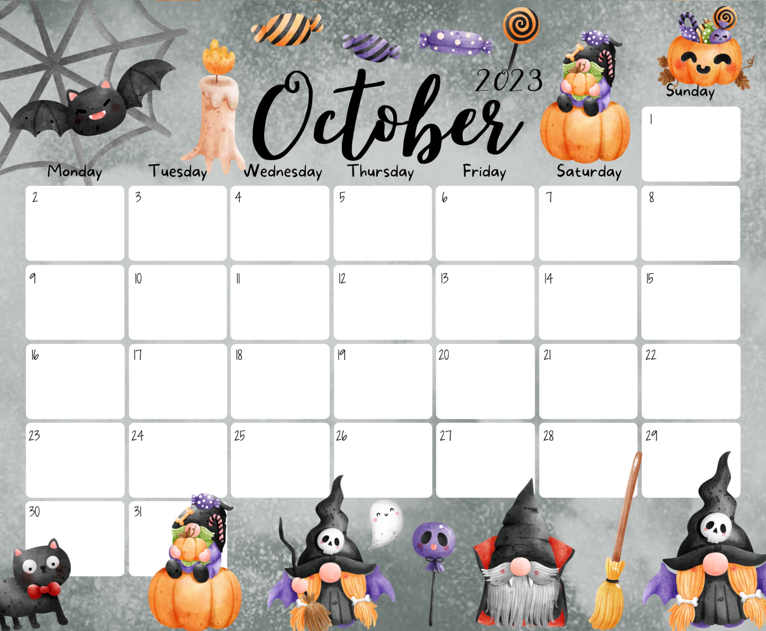 EDITABLE October 2023 Calendar, Happy Halloween, Cute Gnoms, Kid